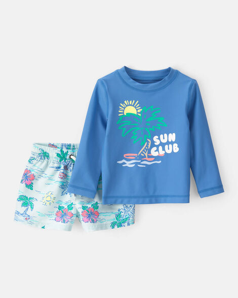 baby boy 2-piece tropical beach rashguard trunk set - blue