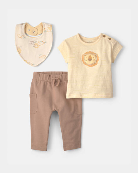 baby boy 3-piece lion top & pant set - brown
