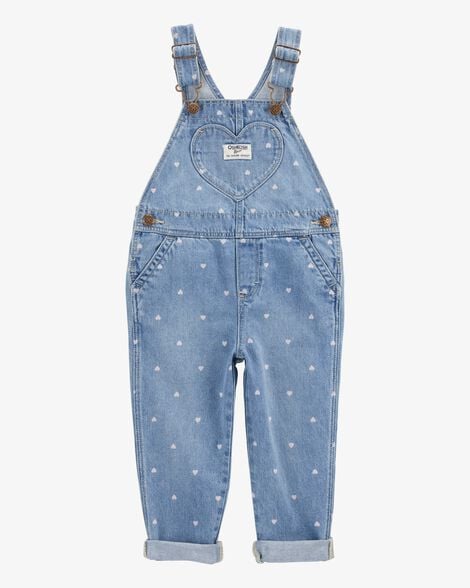 Toddler Heart-Print Knit Denim Overalls - Blue