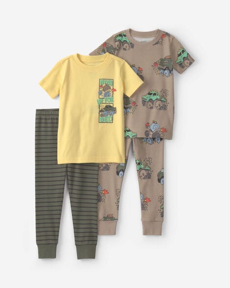 toddler boy 4-piece 'up for bed' monster truck cotton pajama set - yellow/brown