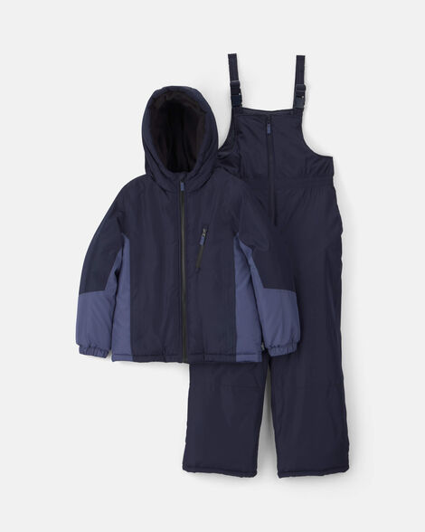 Boys 2-Piece Color Block Hooded Snowsuit Jacket & Bib Set - Navy Blue