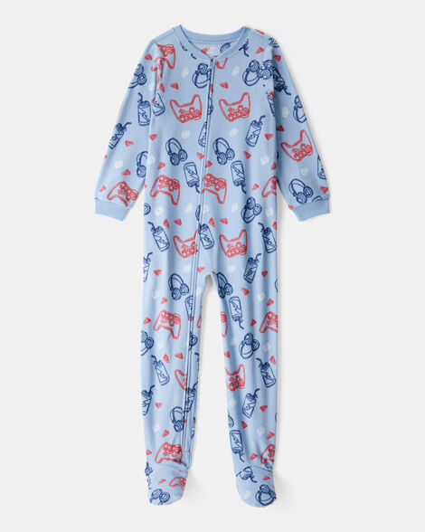 boys video games print fleece long-sleeve zip-up 1-piece pajamas - blue