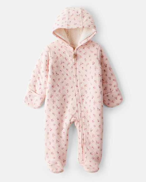 baby girl floral sherpa-lined long-sleeve hooded jumpsuit - pink