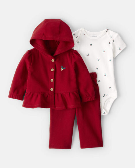 baby girl 3-piece daydream fleece floral long-sleeve bodysuit & pant set - red