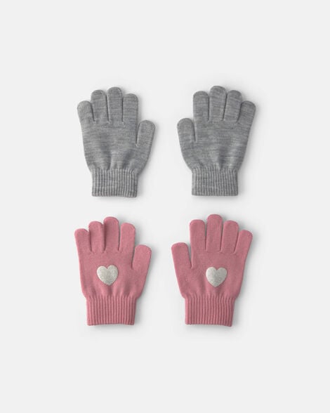 girls 2-pack heart winter gloves - pink/grey