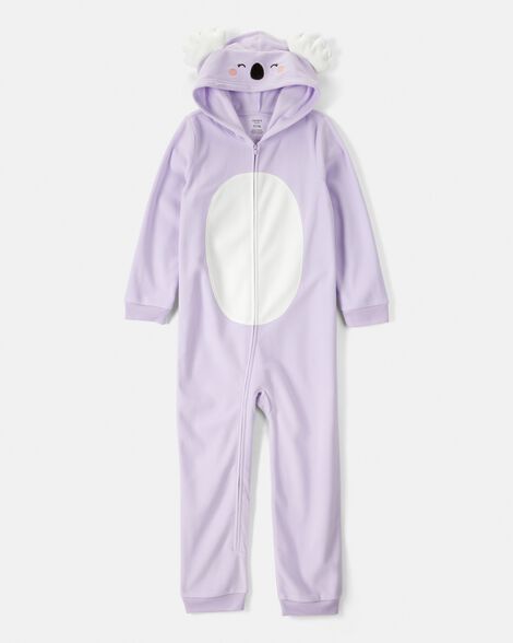 girls koala fleece hooded zip-up 1-piece pajama jumpsuit - purple