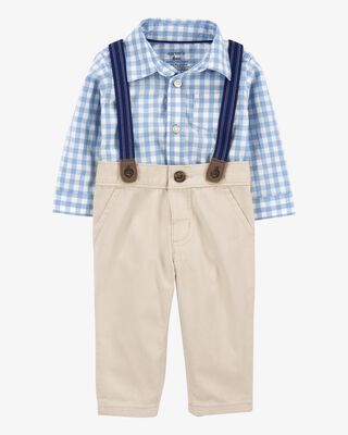 Product image 1 of Baby 3-Piece Gingham Suspender Pant Set - Blue/Khaki