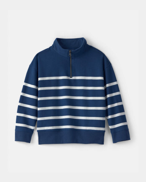 boys striped french terry quarter-zip pullover - blue/ivory