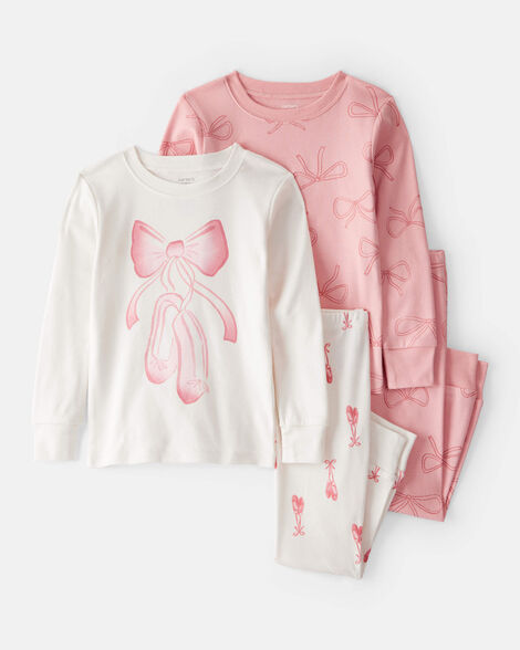 toddler girl ballet print 100% cotton long-sleeve 4-piece pajamas - pink/white