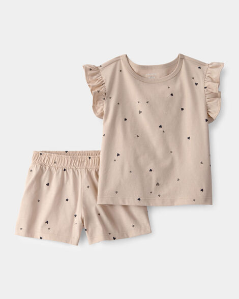 toddler girl 2-piece heart top & short set - brown