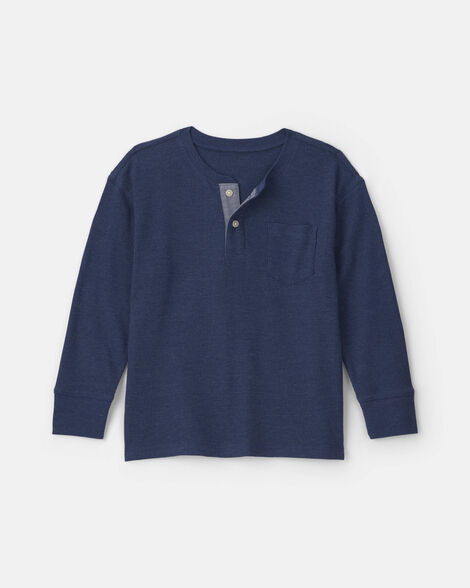 Boys Waffle-Knit Long-Sleeve Henley T-Shirt - Navy Blue