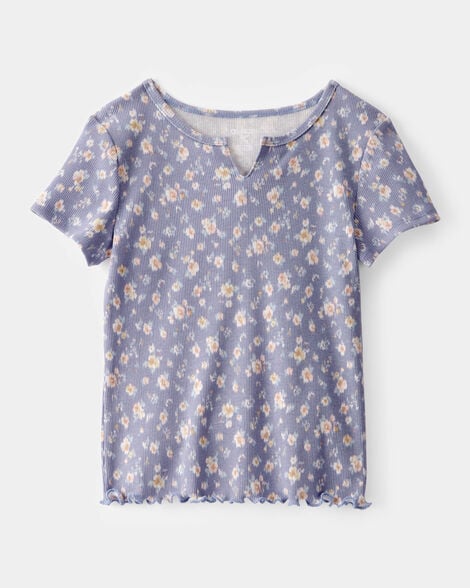 Product image 1 of Girls Ribbed Floral Print Short-Sleeve Shirt - Blue