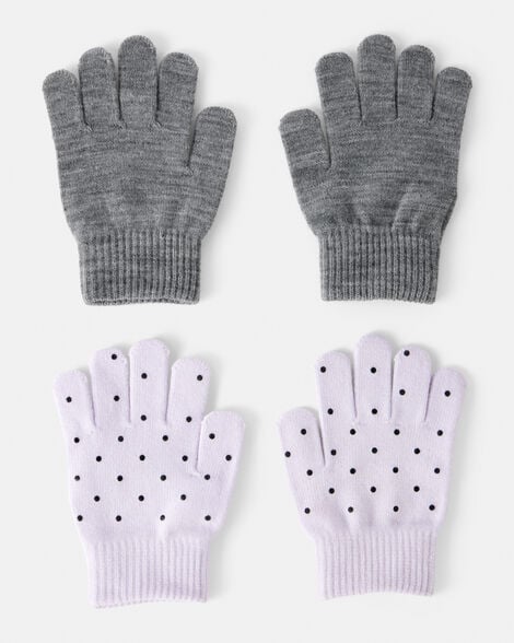 girls 2-pack cat polka dot winter gloves- purple/grey