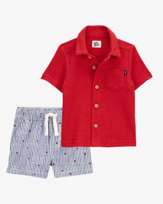 Product image 1 of Baby 2-Piece Button-Front Shirt & Star Print Shorts Set - Red/Blue

