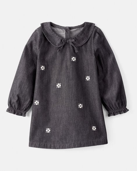 Toddler Girl Floral Motif Chambray Long-Sleeve Dress - Grey