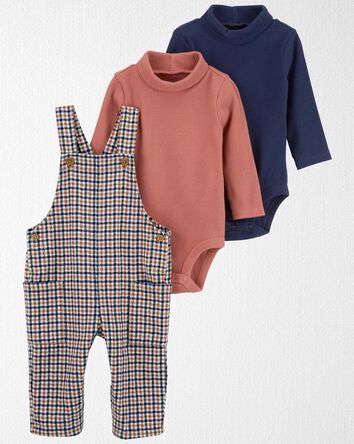 Baby Organic Cotton 2-Pack Mock Neck Rib Bodysuits & Flannel Overalls Set