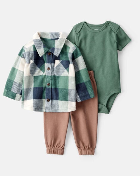 baby boy 3-piece plaid little jacket set - green/brown