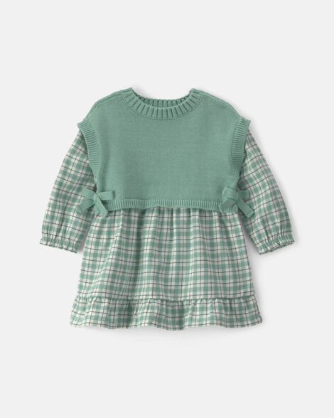 baby girl 2-piece checkered flannel long-sleeve dress - green