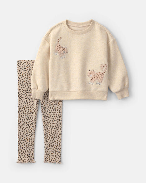 baby girl 2-piece leopard fleece long-sleeve top & pant set - brown/cream