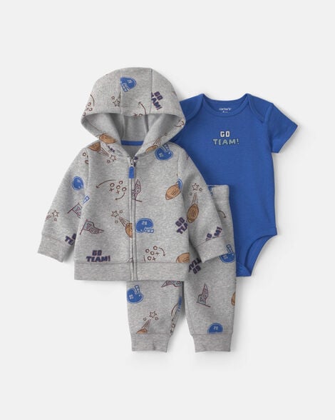 baby boy 3-piece 'go team!' football fleece layering set - grey/blue