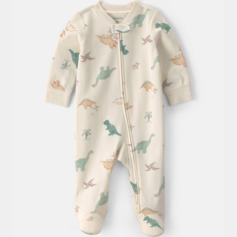 Baby Dinosaur 100% Cotton 2-Way Zip Sleep & Play Pajamas - Ivory