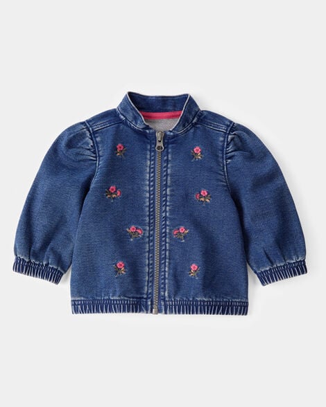 baby floral denim embroidery zip-up jacket - utility blue wash
