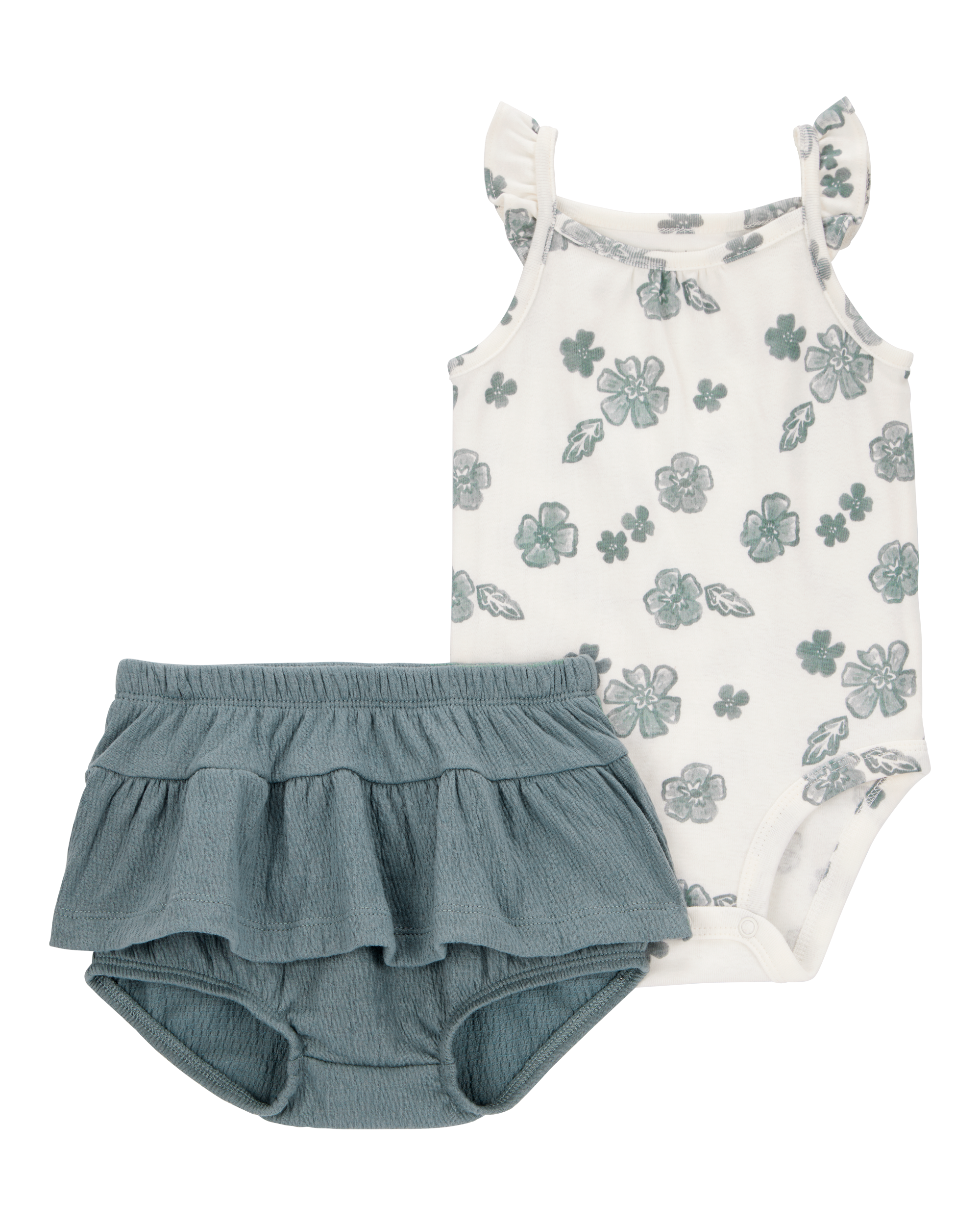 Baby 2-Piece Flutter-Sleeve Floral Bodysuit & Short Set - Ivory/Green