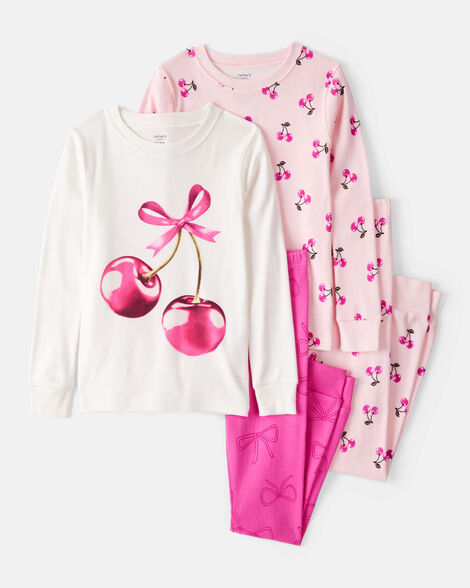 Product image 1 of Girls Cherries Print 100% Cotton Long-Sleeve 4-Piece Pajamas - Pink/White