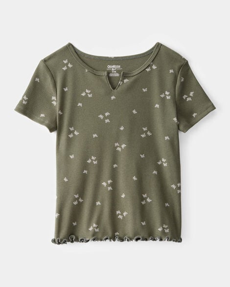 Girls Butterfly Print Ribbed Short-Sleeve Shirt - Olive