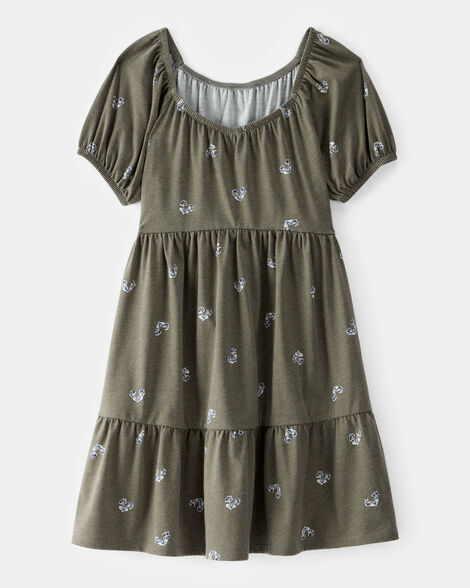 kid floral tiered puff sleeve dress - green