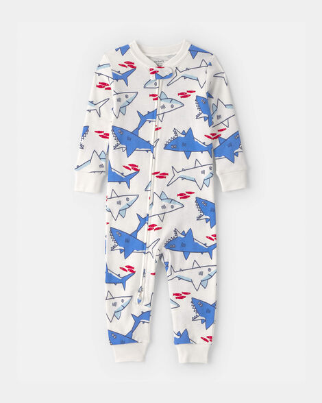 baby boy shark 100% cotton snug fit 1-piece pajama - ivory/blue