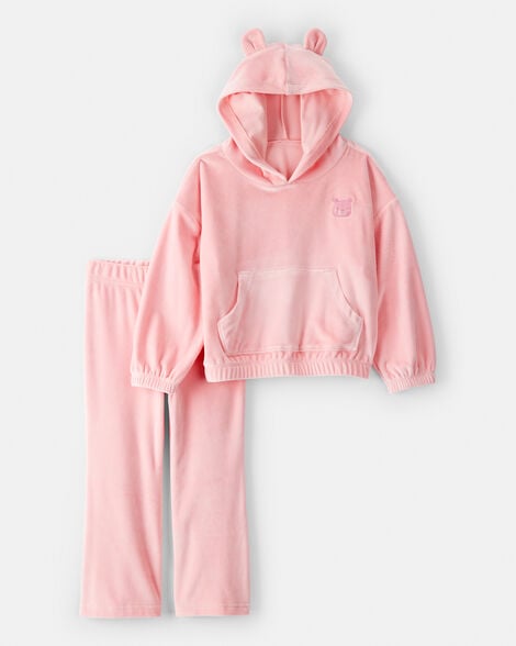 toddler girl bear velour hoodie & pant set - pink