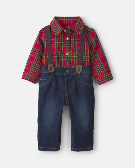 baby boy 2-piece plaid denim long-sleeve bodysuit & suspender pant set - red/indigo