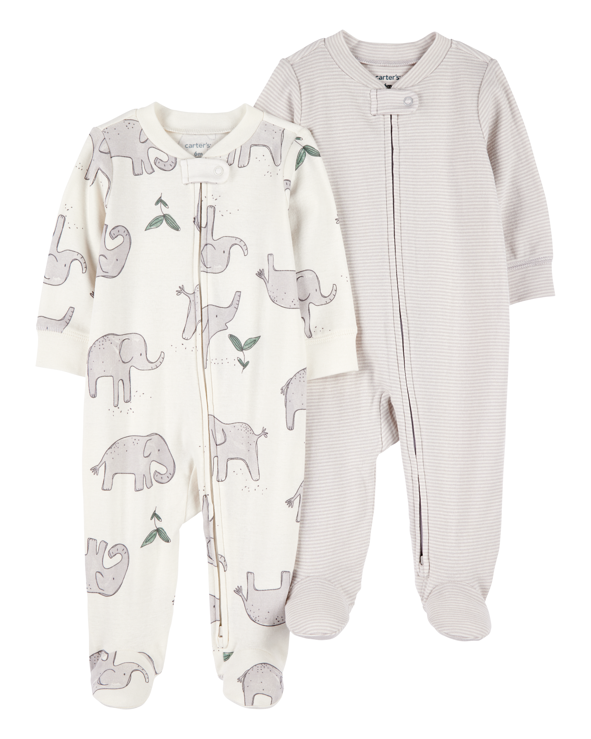 Baby 2-Pack Striped Elephant 2-Way Zip Cotton Sleep & Play Pajamas - Grey