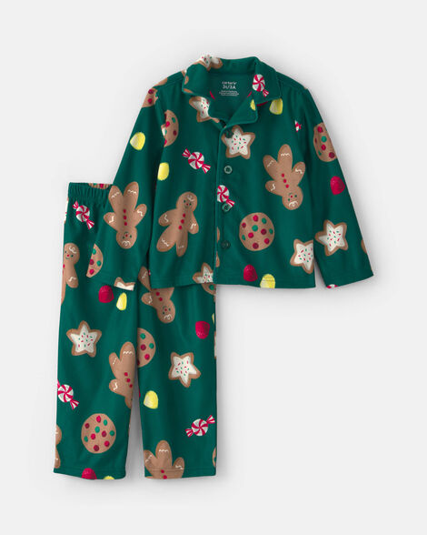 toddler 2-piece christmas gingerbread fleece loose fit pajama set - green