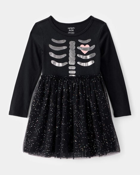 toddler halloween skeleton glitter tulle dress - black