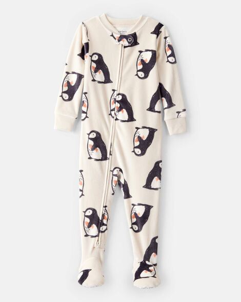 baby boy penguin dreamplush long-sleeve snug fit 1-piece pajamas - cream