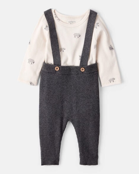 baby boy sheep print cotton long-sleeve overall set - white/grey