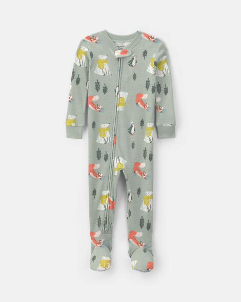 toddler boy winter wildlife thermal waffle knit 1-piece pajama - green