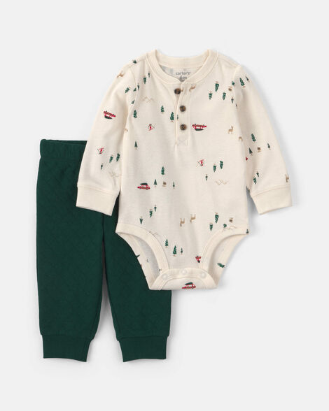 baby boy 2-piece woodland long-sleeve bodysuit & pant set - green/cream