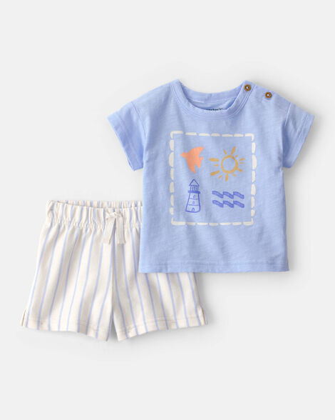 baby 2-piece lighthouse top & short set - blue/ivory
