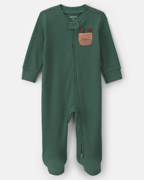 baby boy moose cotton 2-way zip thermal sleep & play pajamas - green