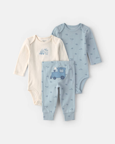 baby boy 3-piece train long-sleeve bodysuit & pant set - blue/cream