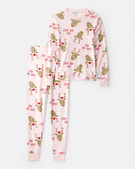 adult reindeer 100% cotton snug fit 2-piece pajamas - pink