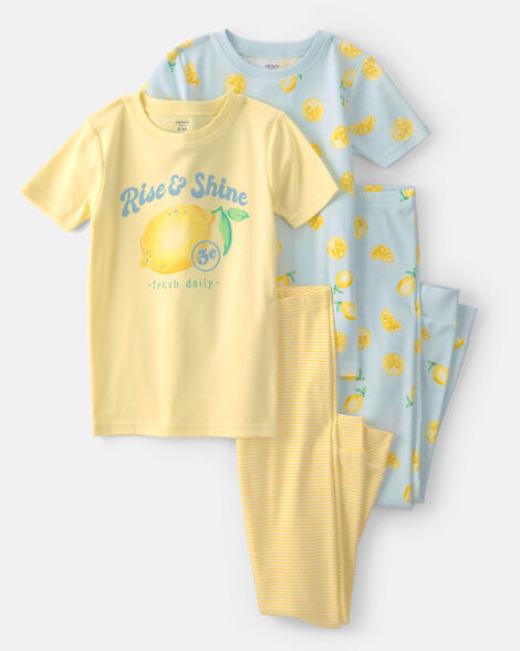 girls lemon 100% cotton snug fit 4-piece pajama set - blue/yellow