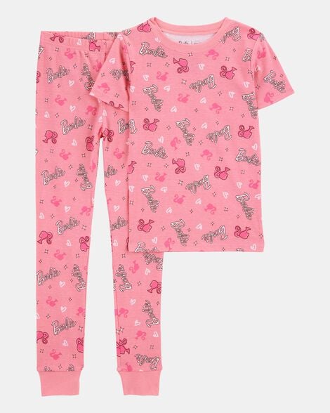 girls barbie snug fit cotton 2-piece pajamas - pink