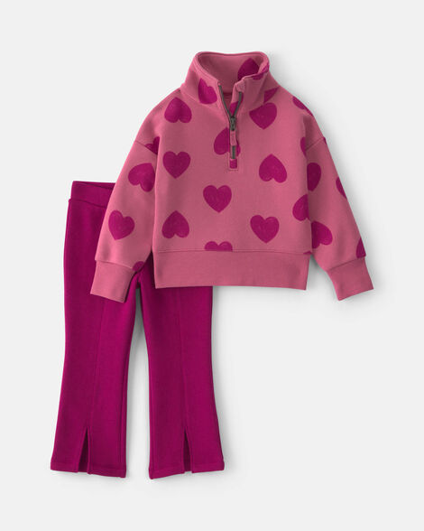 toddler girl 2-piece heart fleece quarter zip & pant set - pink