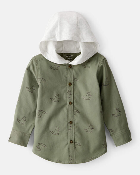 Product image 1 of Toddler Boy Racoon Print Cotton Long-Sleeve Hooded Button-Down Shirt - Green