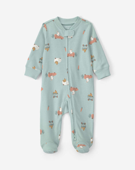 baby car easter 100% cotton 2-way zip sleep & play pajamas - seafoam