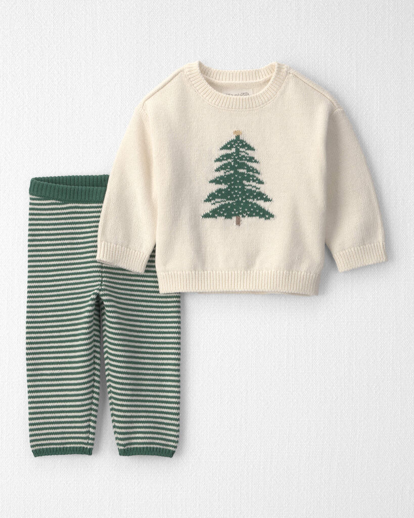 Little Planet by Carter's Baby Boys' or Baby Girls' Holiday-Tree Graphic Sweater and Pants, 2-Piece Set - Cream/Green Stripes